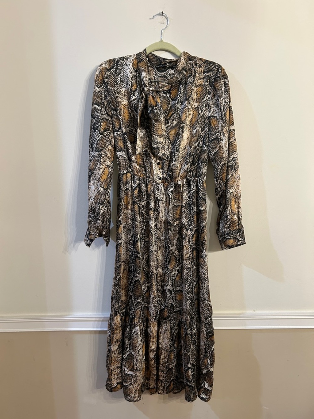 Zara Snake-Print Long Sleeve Midi Dress in Brown and Black size small